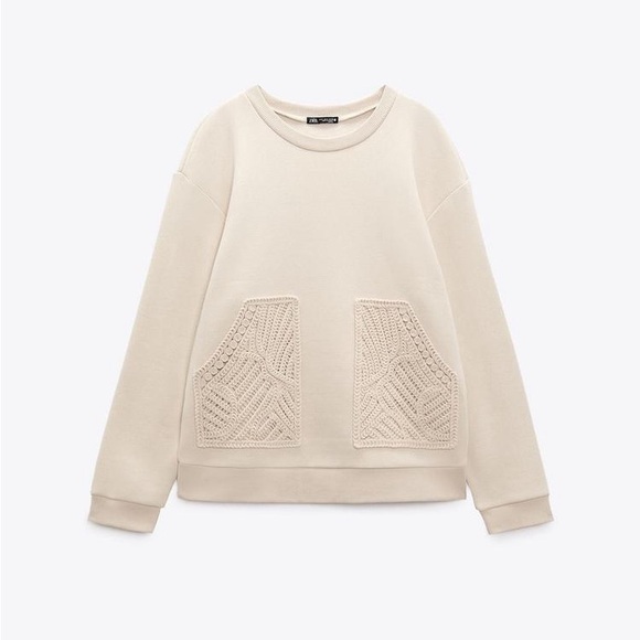 Zara Tops - ZARA Women’s Light Beige Round Neck Sweatshirt Tricot Patch Pockets Size Medium